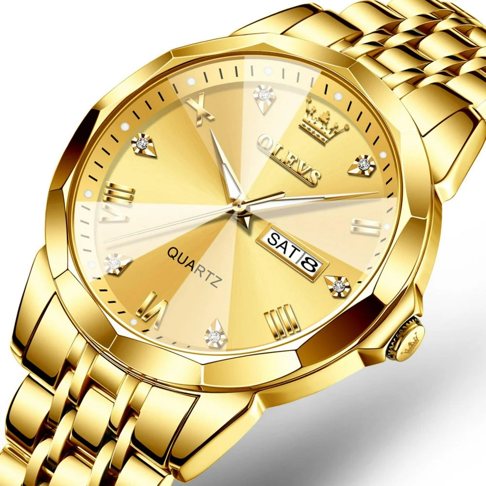 Men's Luxury Gold Diamond Watch - Date Quartz, Waterproof Luminous Excellence. A Perfect Gift for the Stylish Gentleman!