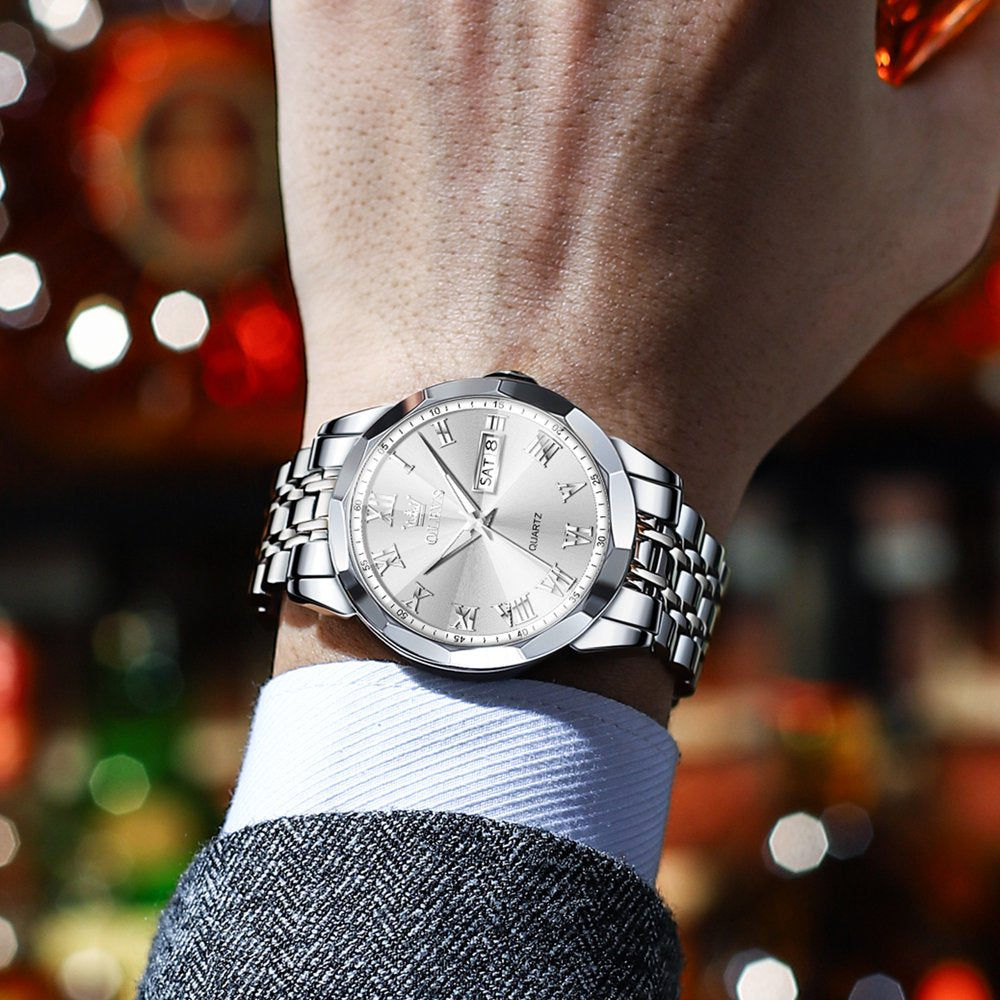 Sleek Silver Men's Watch - Stainless Steel Strap, Large White Face, Date Function & Water Proof(IP68)!