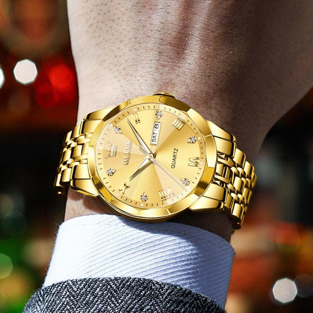Men's Luxury Gold Diamond Watch - Date Quartz, Waterproof Luminous Excellence. A Perfect Gift for the Stylish Gentleman!